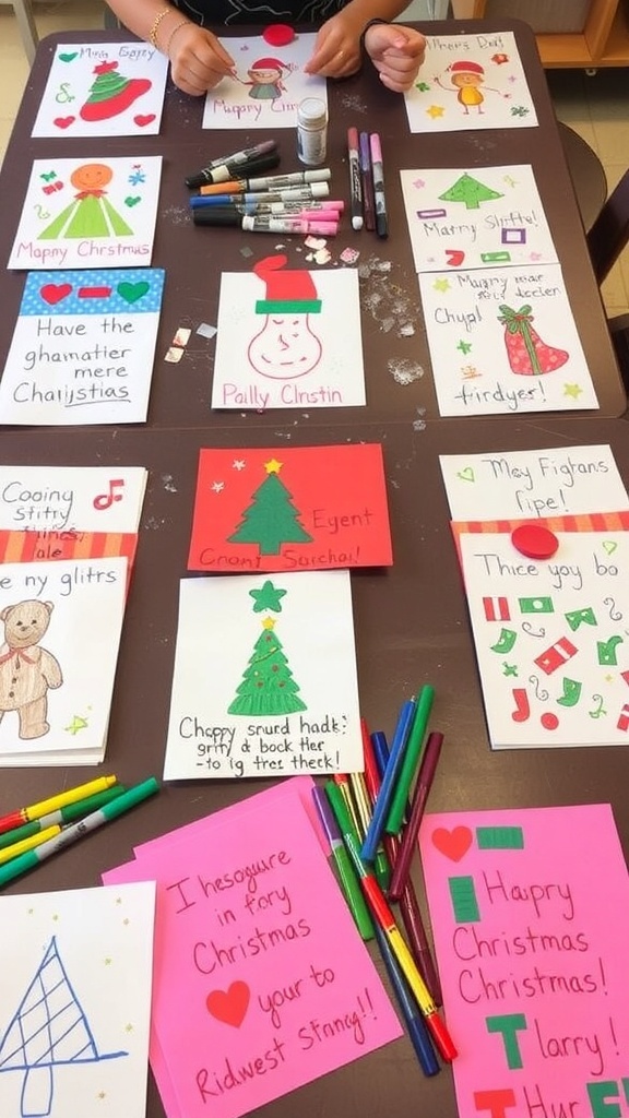 A collection of vibrant Christmas cards made by kids with drawings, stickers, and holiday messages.